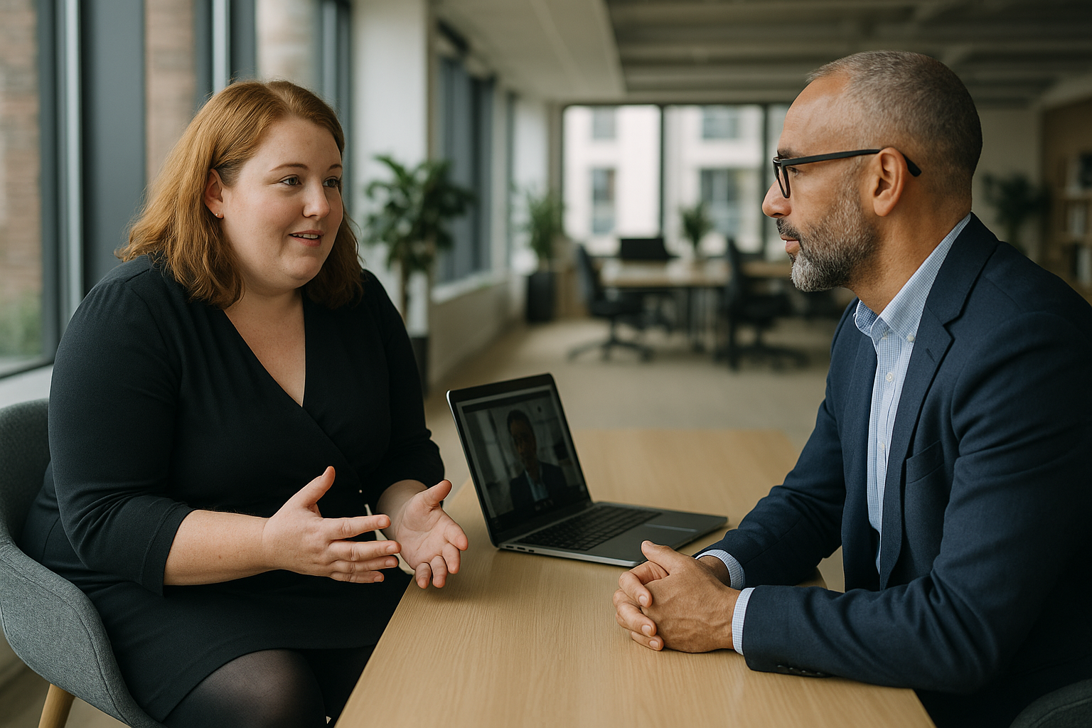 Two UK professionals discussing career next steps for nine day fortnight UK