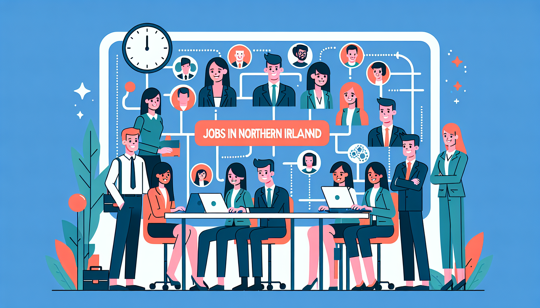 Illustration of UK workplace team collaborating on Northern Ireland jobs