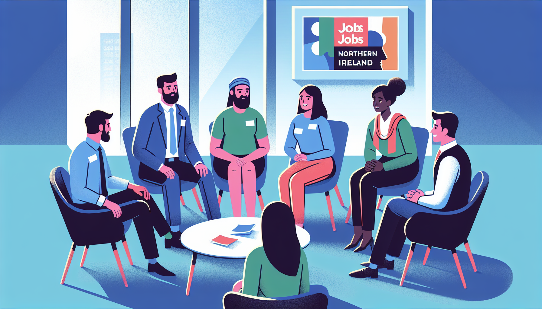 Illustration of professionals in discussion related to Northern Ireland jobs