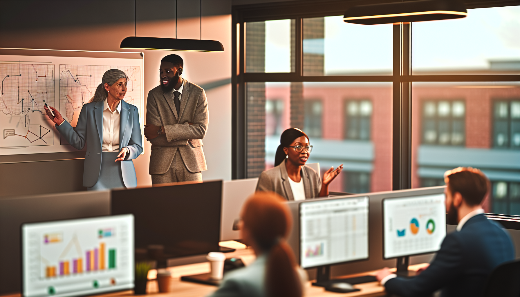 Diverse group of professionals discussing in an open-plan office with warm lighting