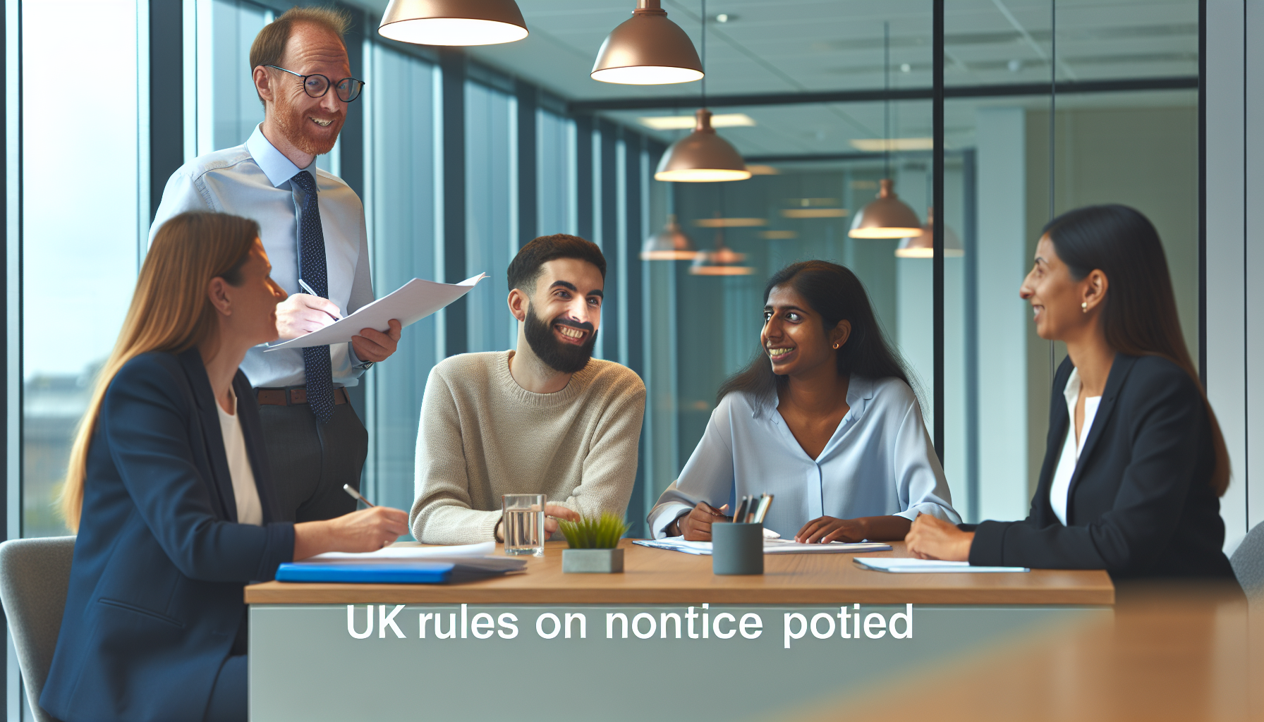 Team meeting with diverse professionals in a modern UK office setting