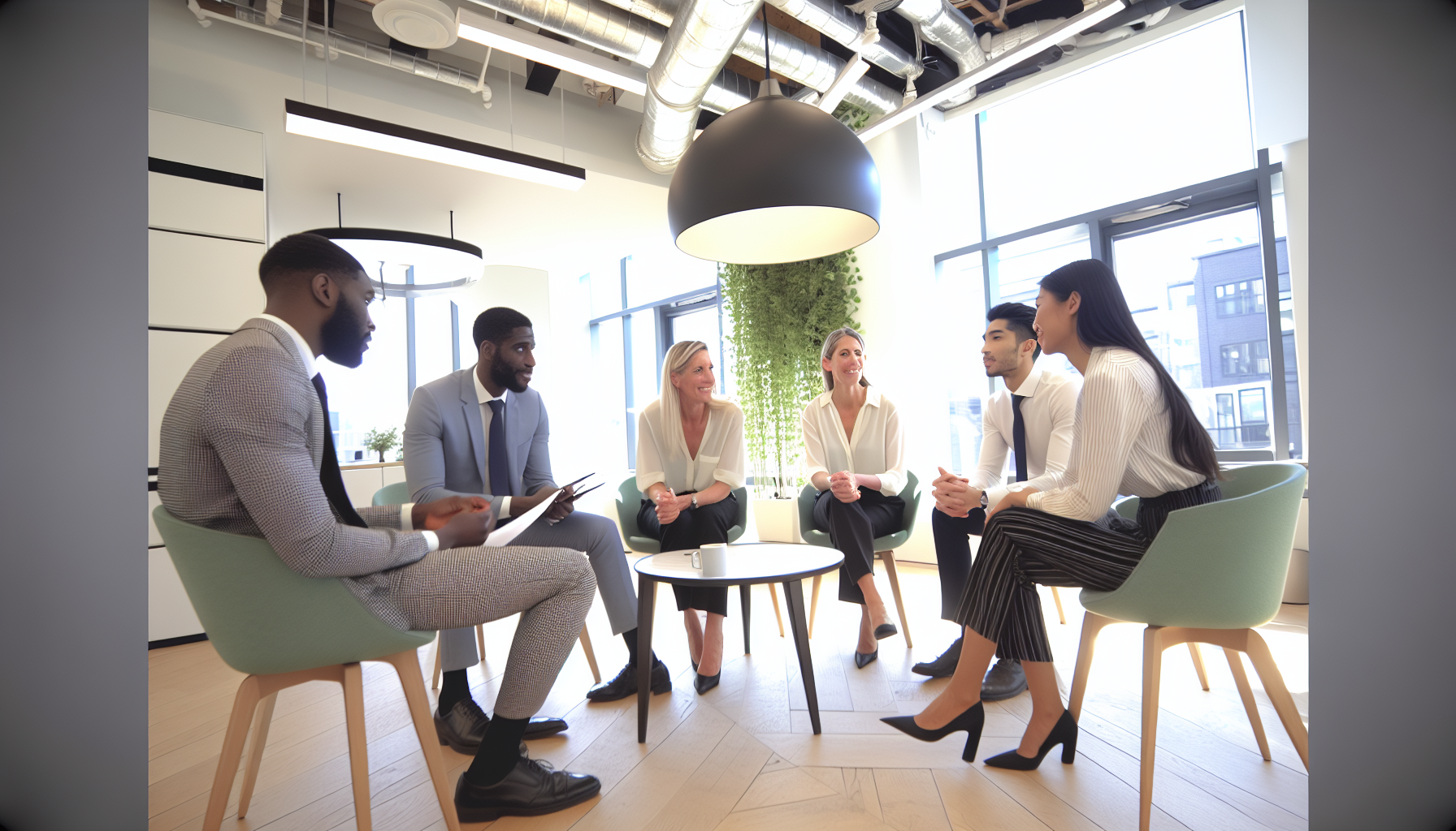 Professionals in a collaborative discussion in a bright modern office