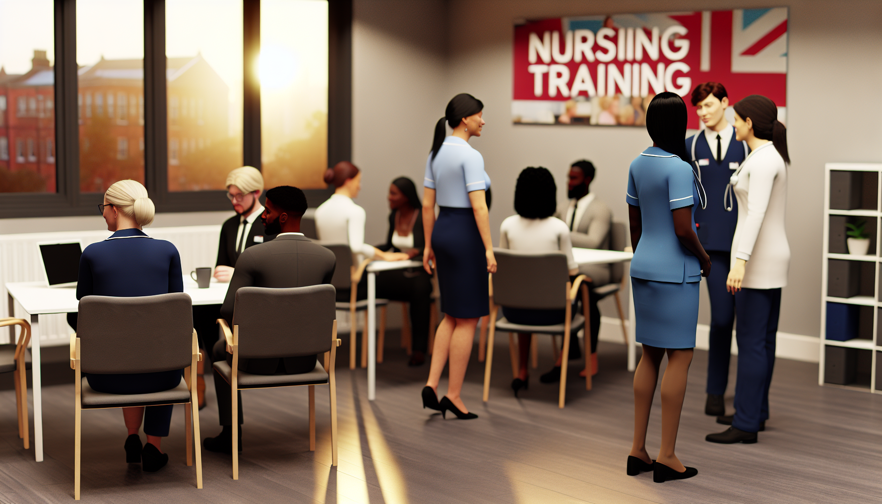Professionals discussing nursing training in a bright UK office