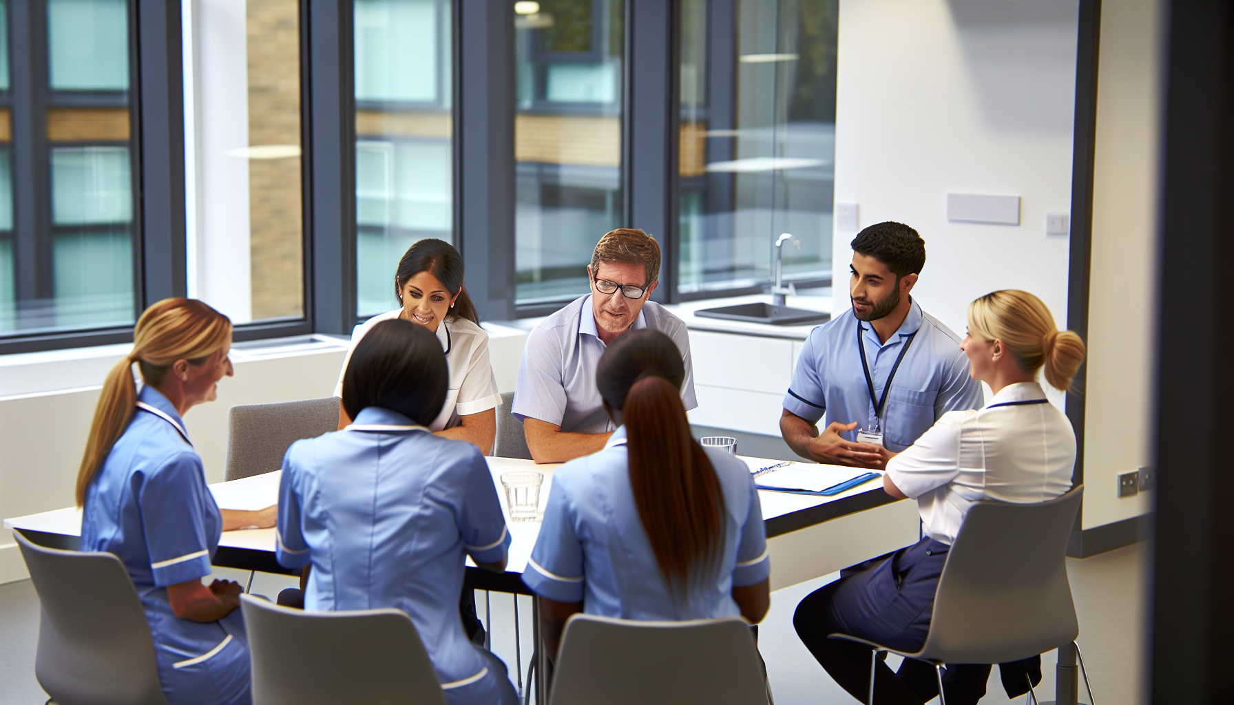 Nursing team meeting in a modern UK office setting