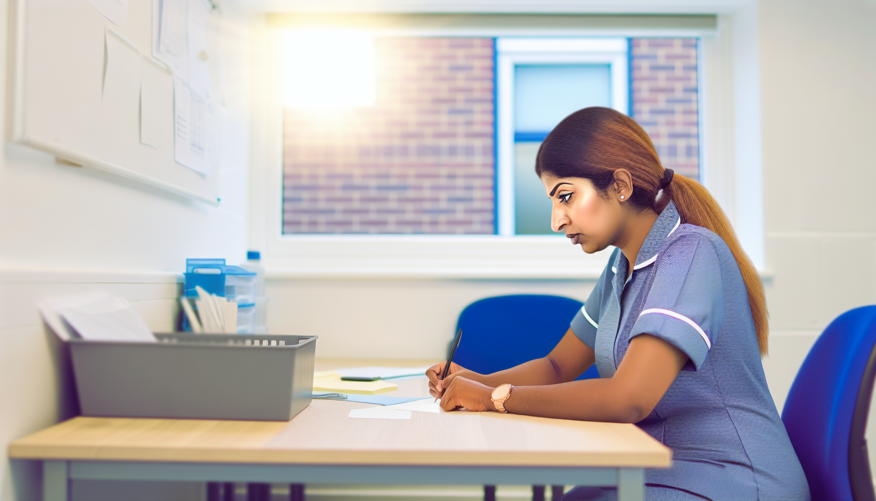 UK nurse trainee focused on training materials at desk