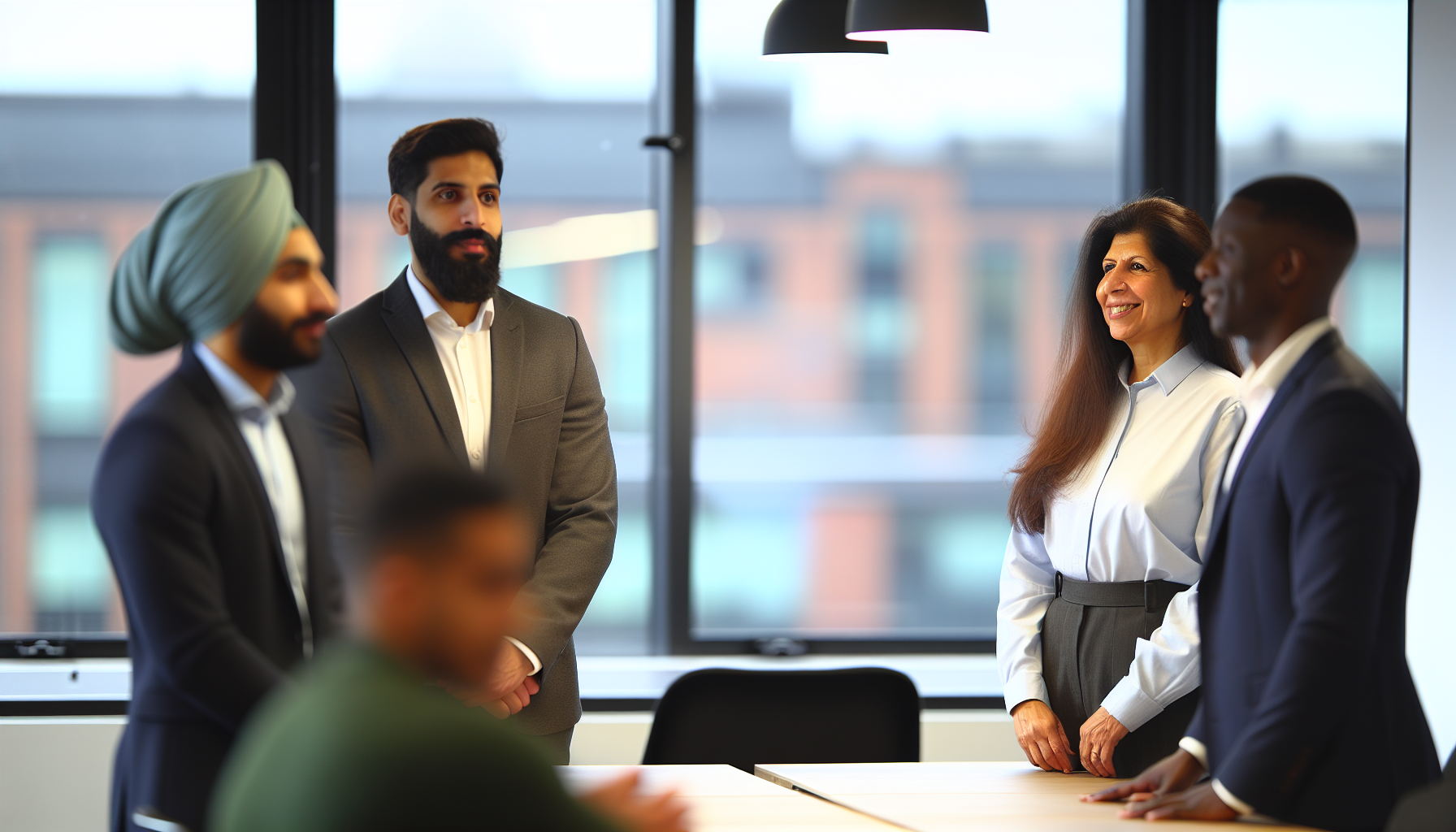 British professionals in modern office setting discussing NVQs