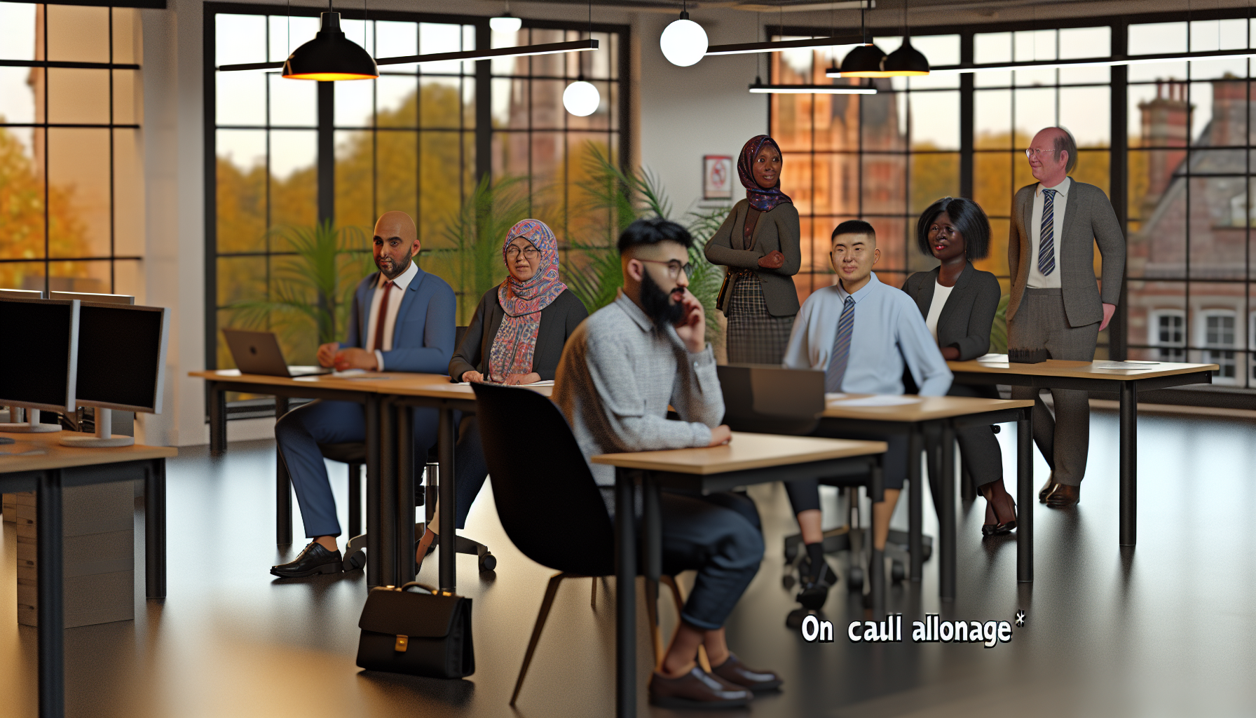 British professionals in an open-plan office discussing on call allowance.