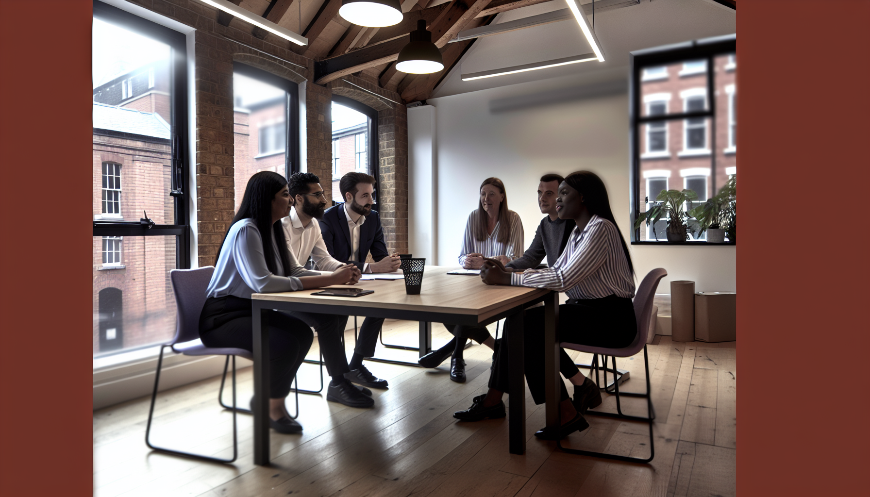 UK team meeting discussing on call policies in a modern office.
