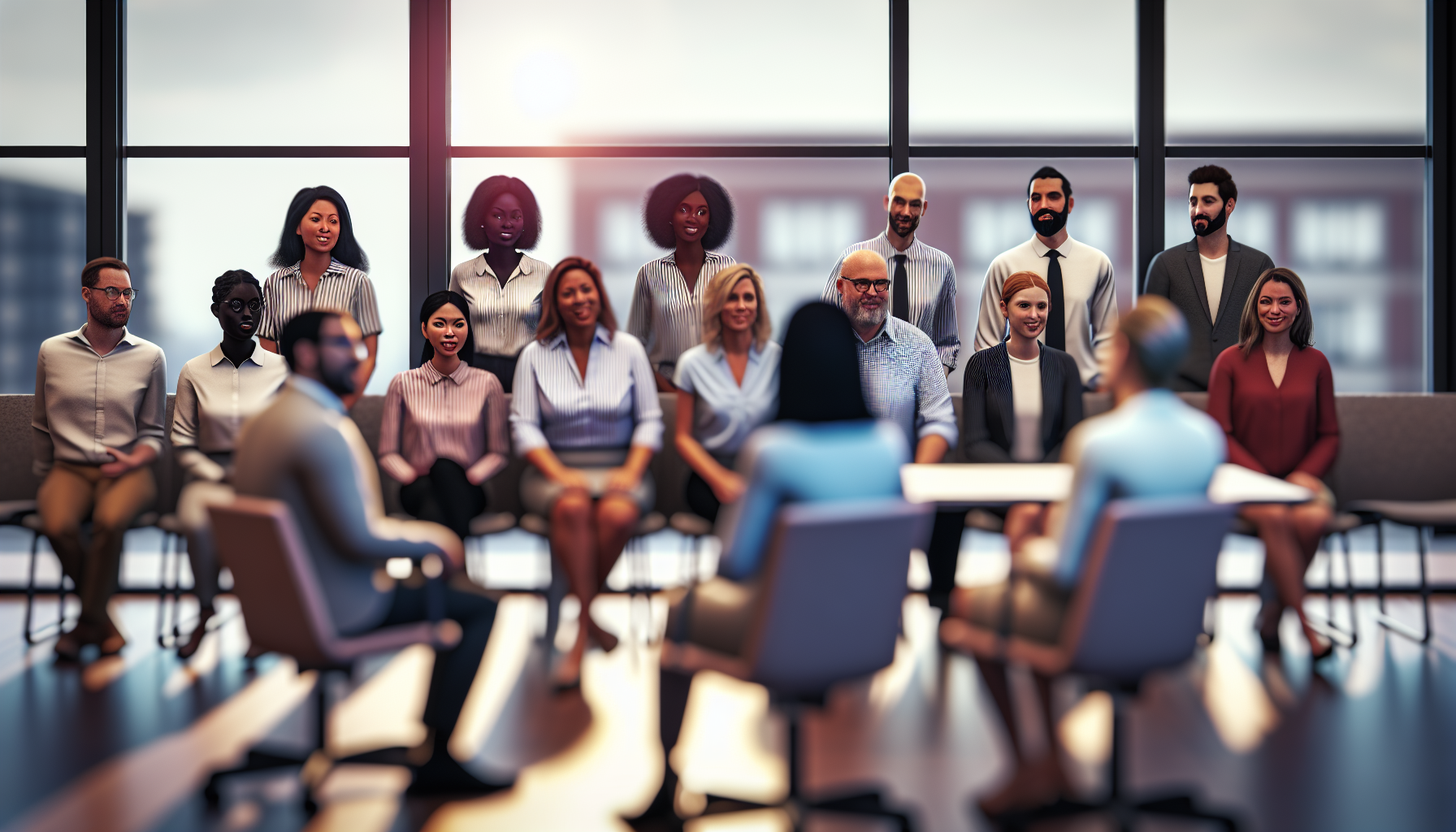 Diverse professionals in a UK office setting discussing an interview.