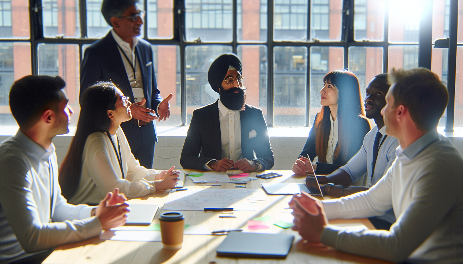 Team meeting in a UK office discussing interview strategies.