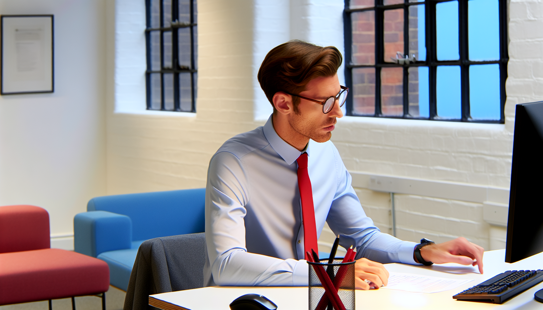 Individual UK professional preparing for a video interview.