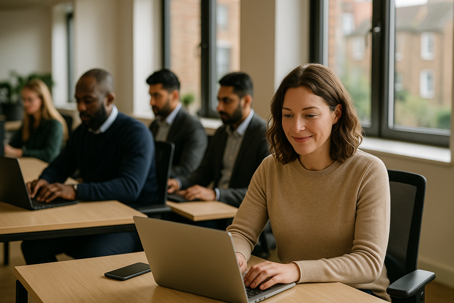 British professionals in a modern office discussing home office setup UK