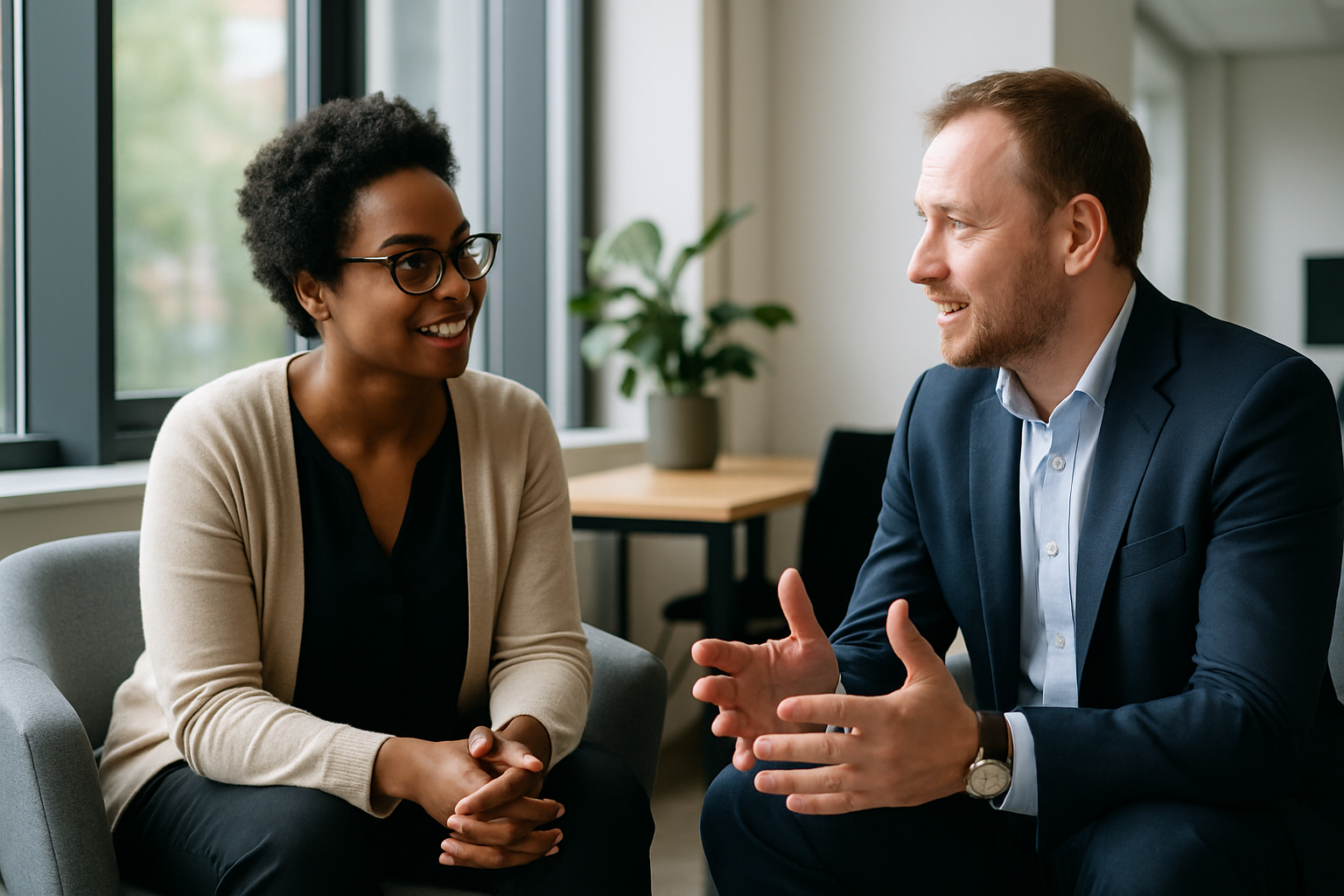 Two UK professionals discussing career next steps for home office setup UK