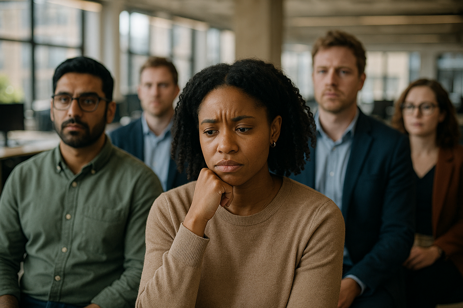 British professionals in a modern office discussing Imposter syndrome UK