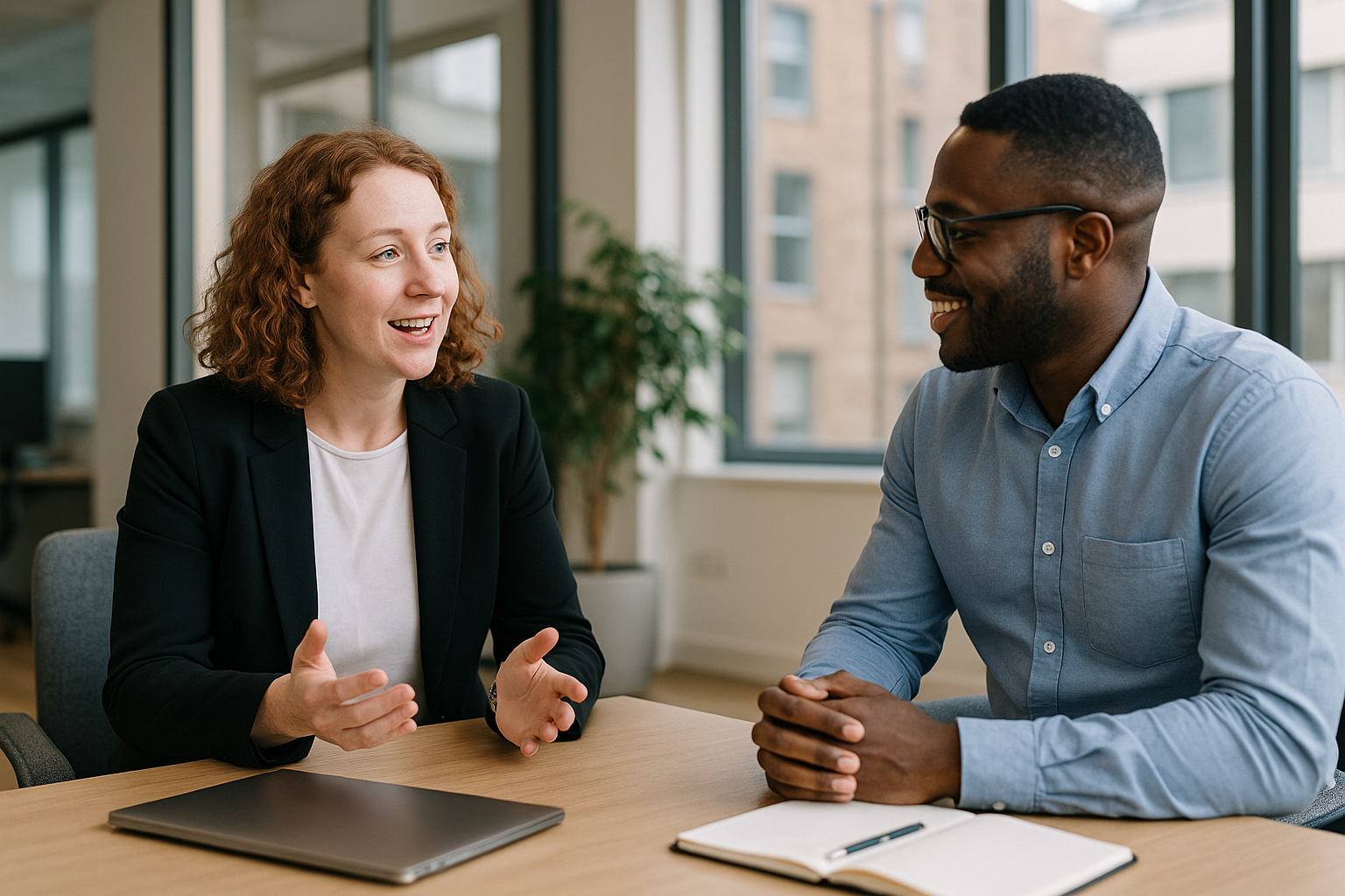 Two UK professionals discussing career next steps for Imposter syndrome UK