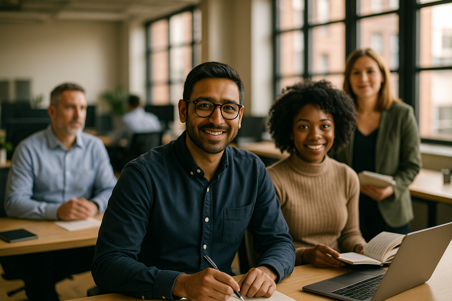 British professionals in a modern office discussing part time study UK