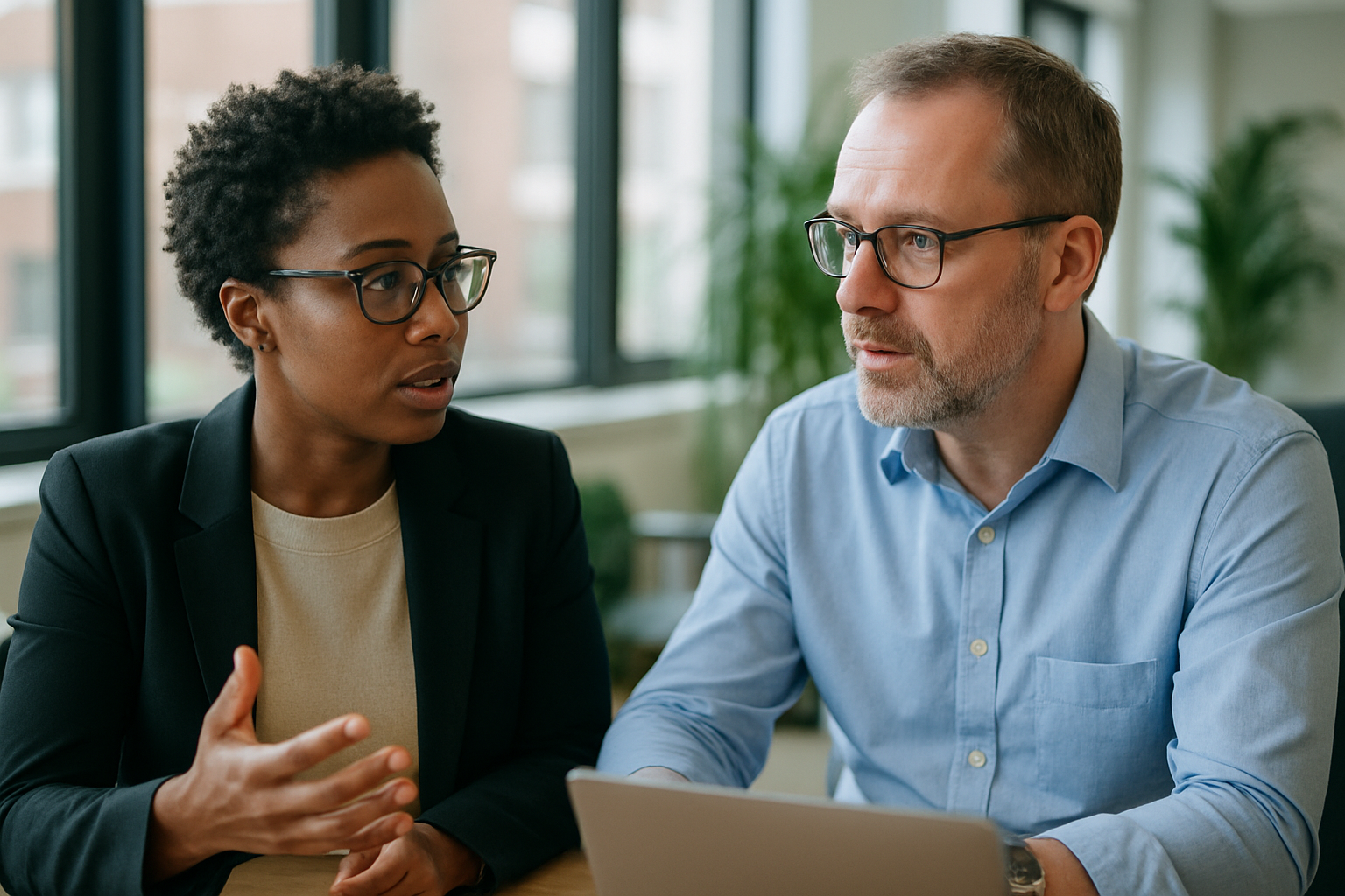 Two UK professionals discussing career next steps for part time study UK