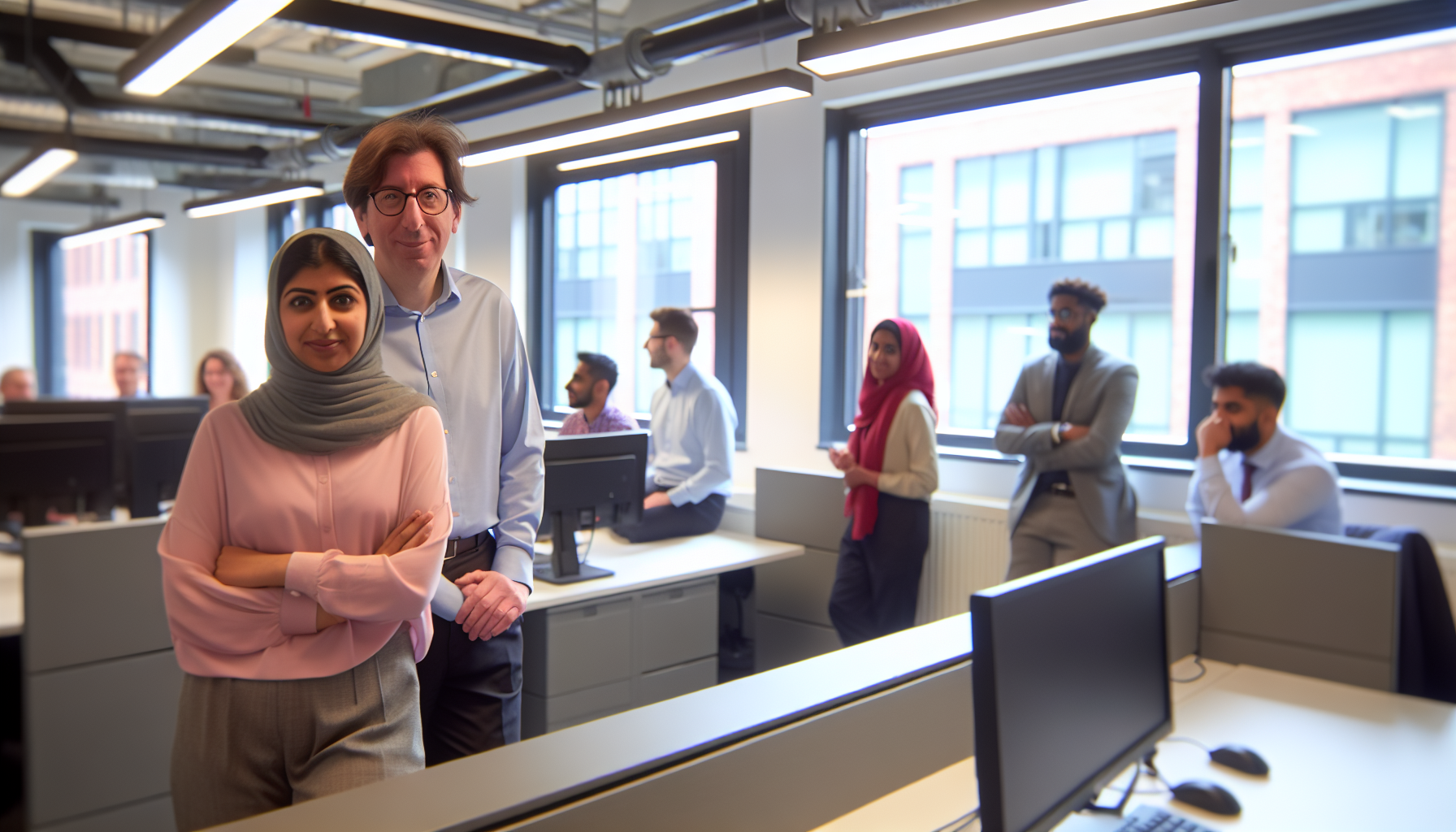 British professionals discussing part-time rights in a modern office