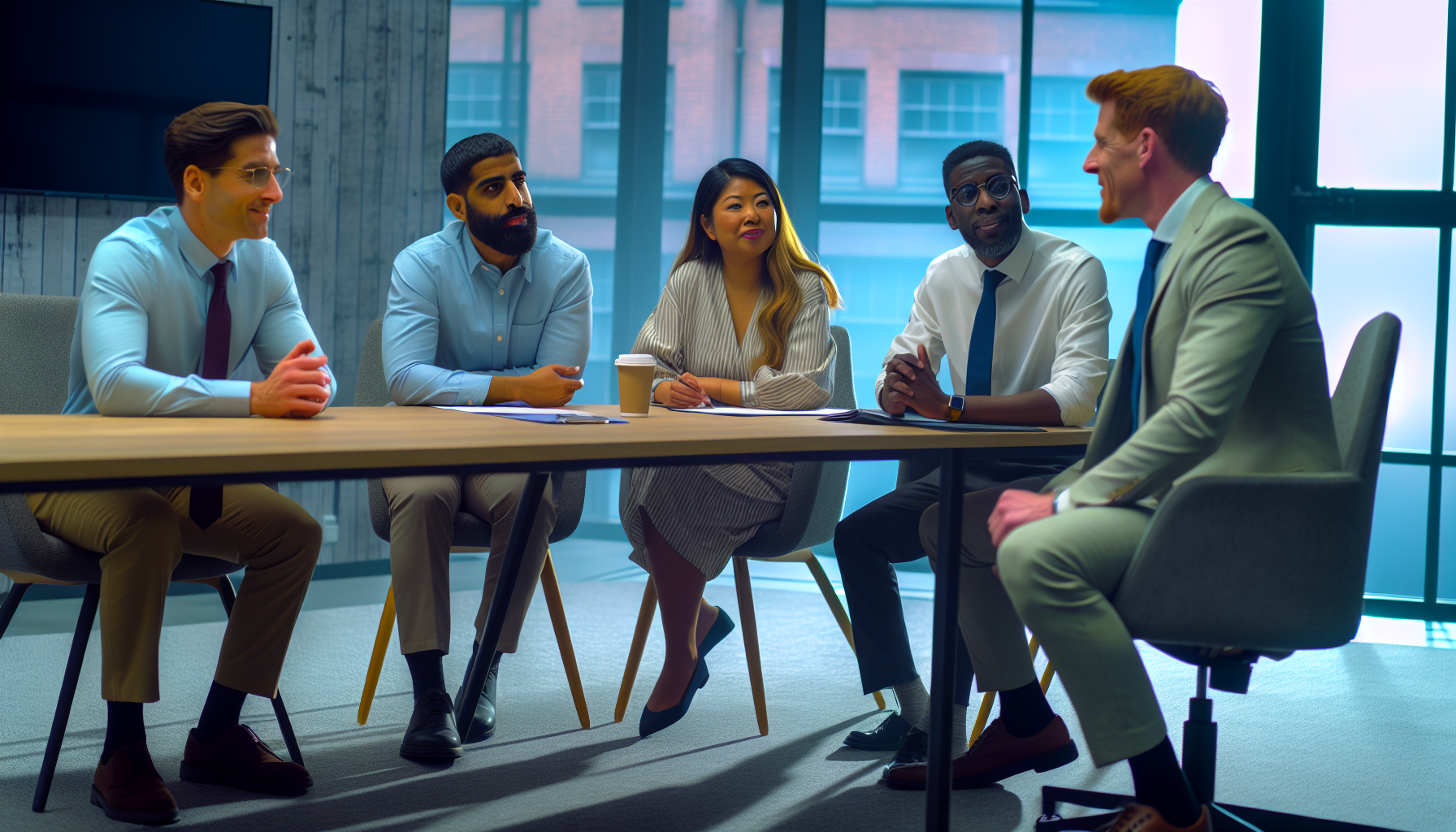 Diverse UK team discussing Paternity leave in a bright office