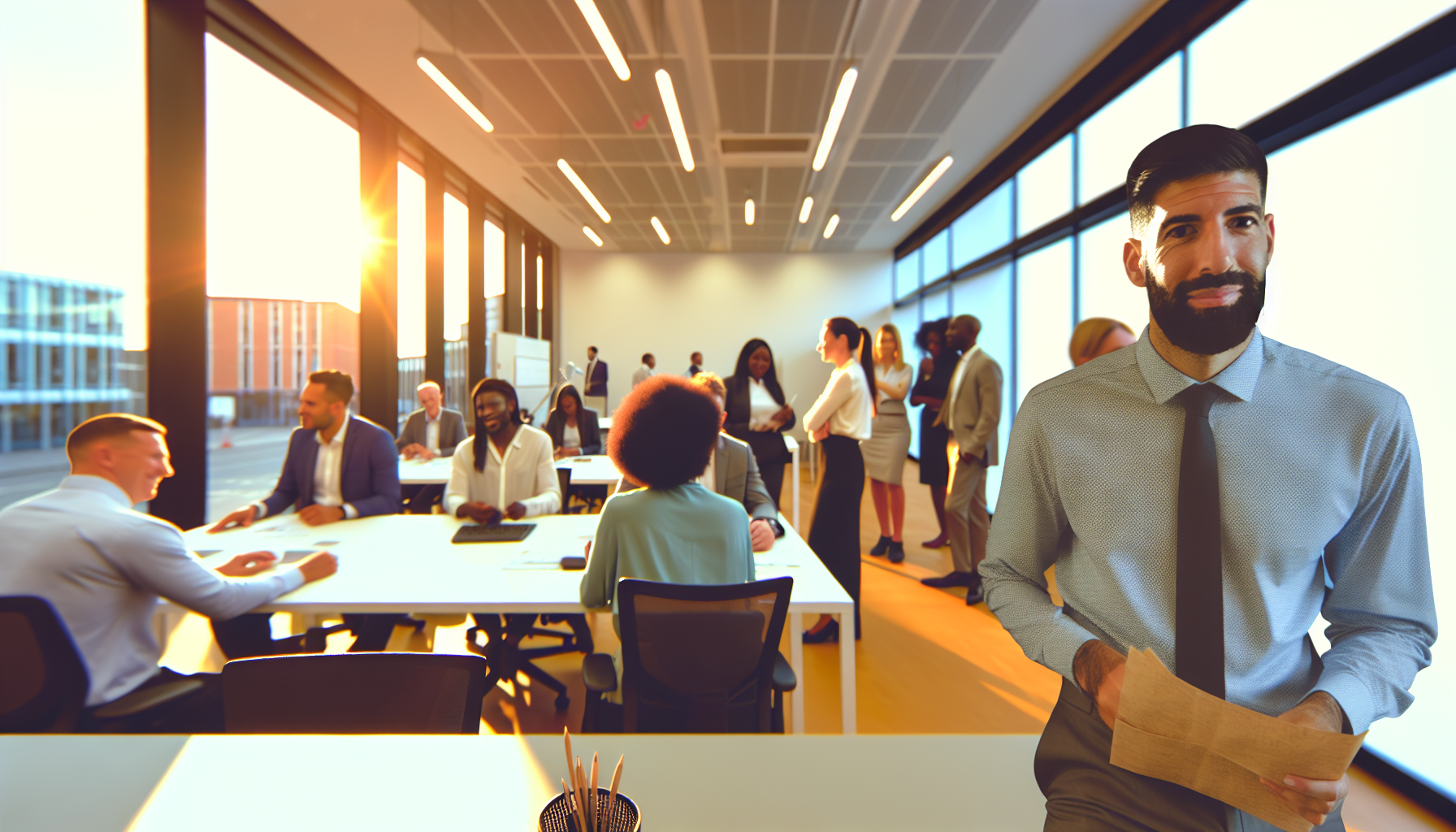Diverse team in open-plan UK office discussing pay reviews