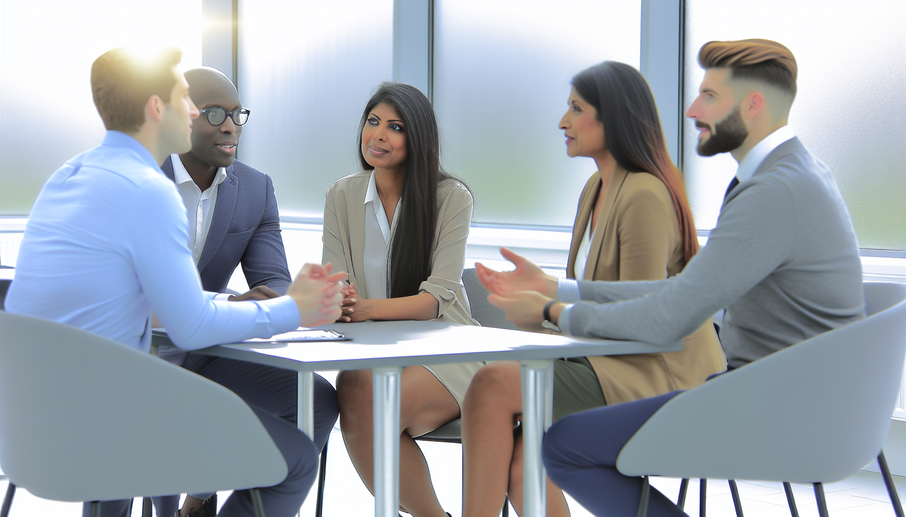 Colleagues in UK office discussing salary reviews informally