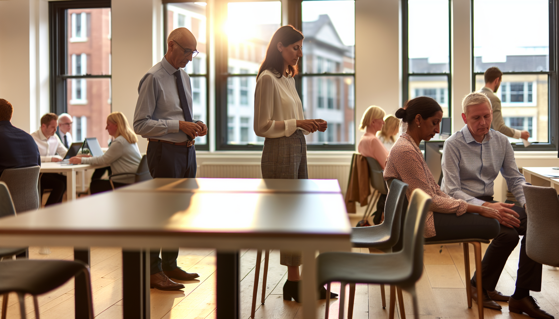 Diverse UK professionals discussing pensions in a modern office setting