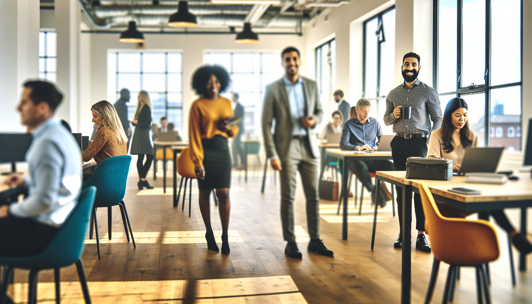 Diverse British professionals working collaboratively in a modern office.