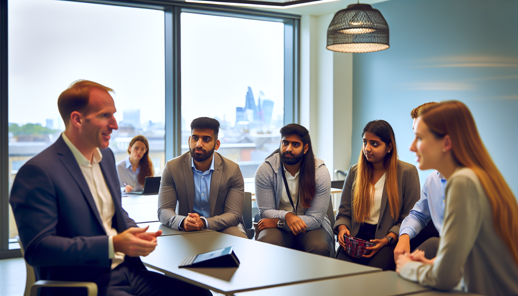 UK professionals in a team meeting, discussing university applications.