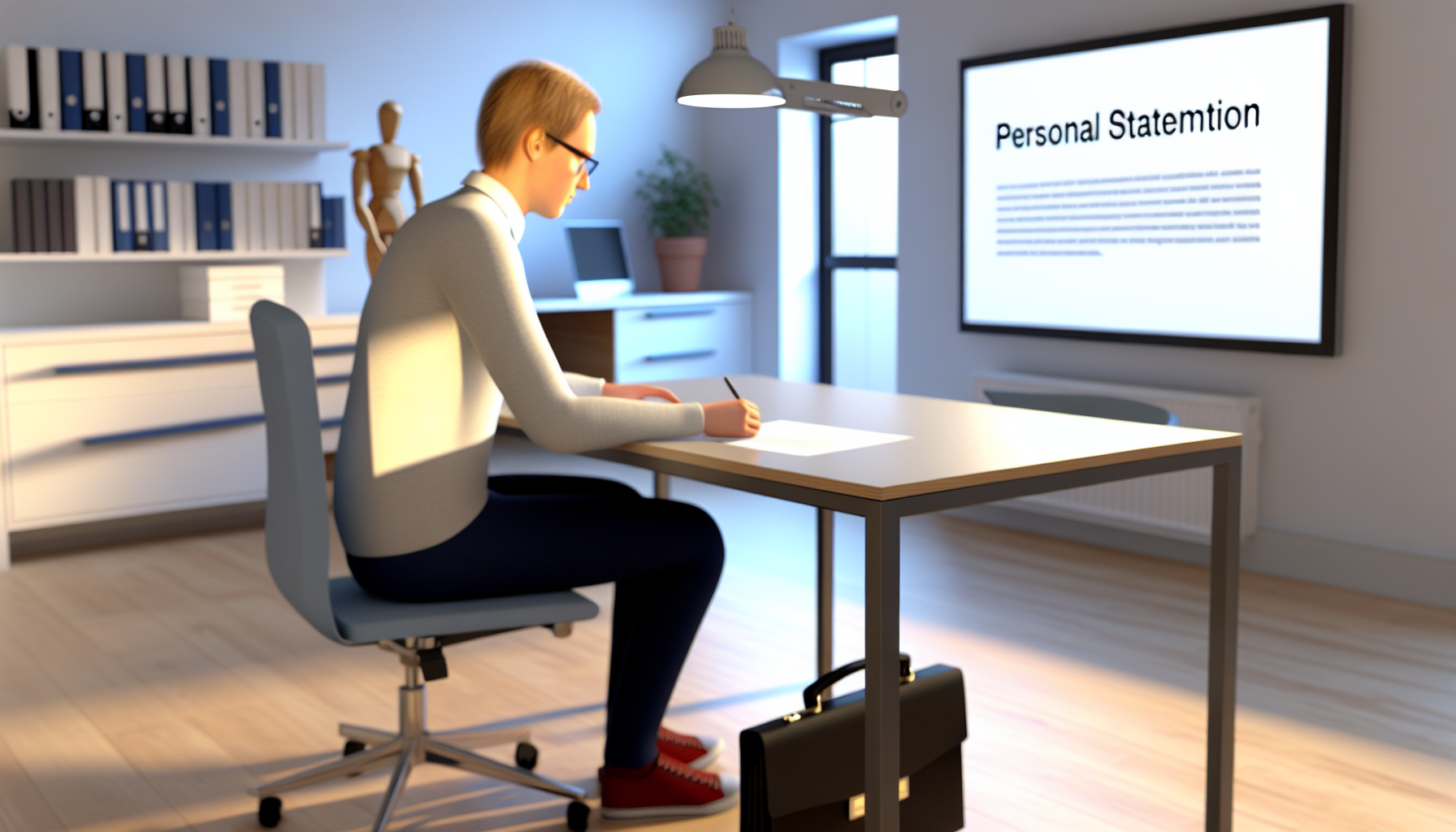A UK professional focusing on writing a personal statement at their desk.