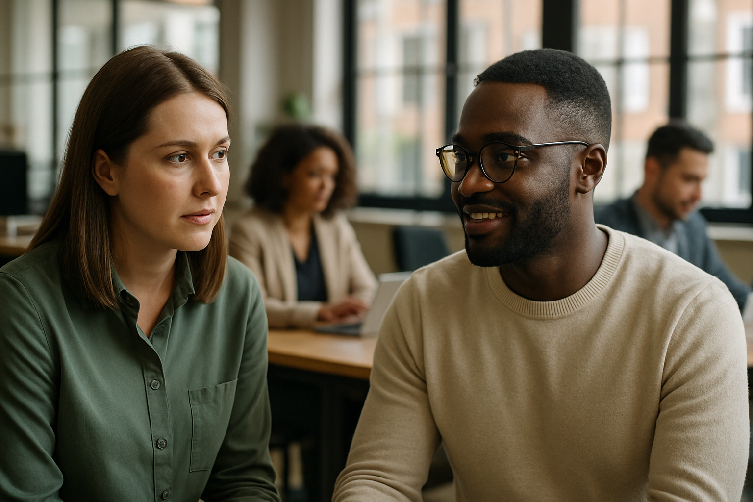 British professionals in a modern office discussing pharmacy assistant interview questions uk