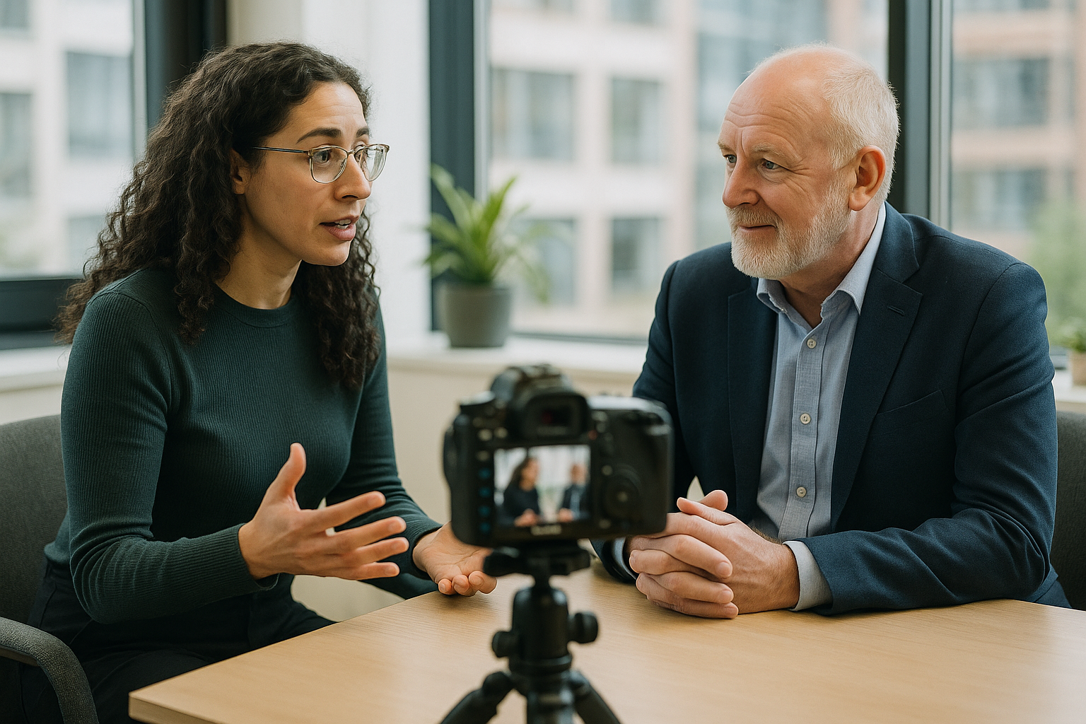 Two UK professionals discussing career next steps for pharmacy assistant interview questions uk