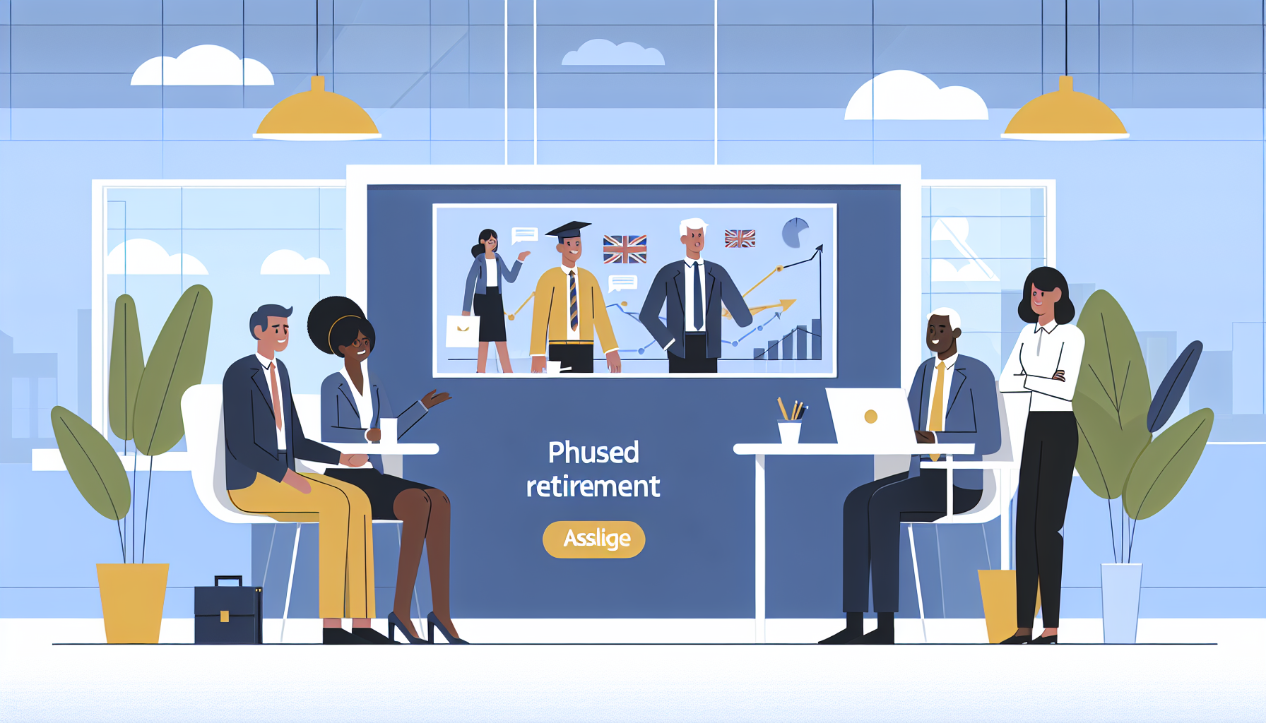 Diverse professionals in a UK office environment discussing phased retirement.