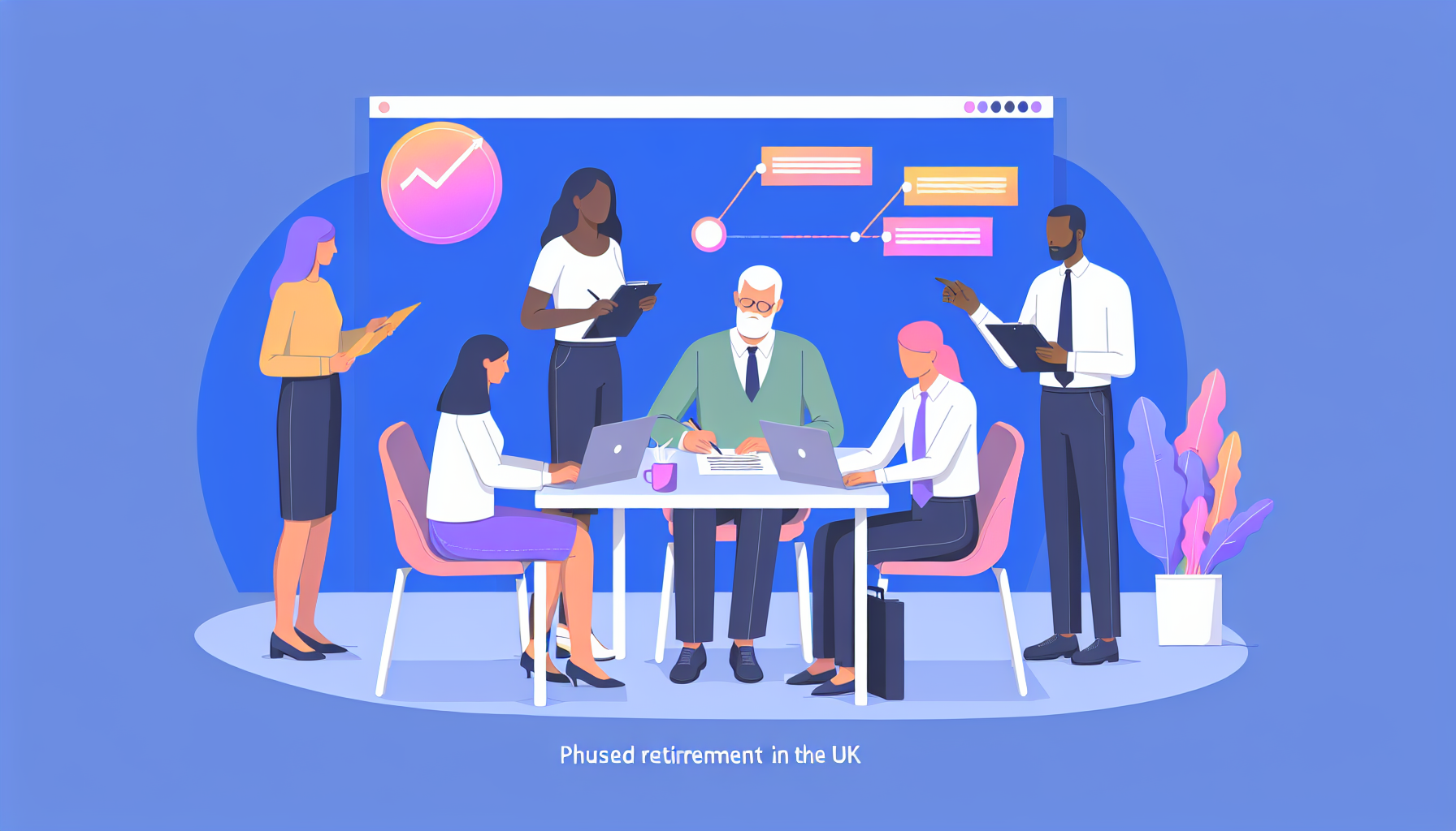 Team collaboration in a UK office on phased retirement tasks.