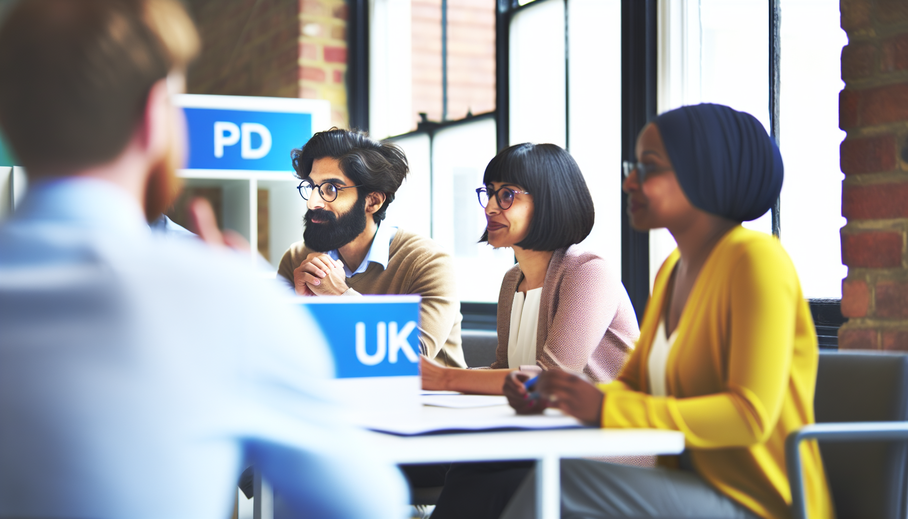 Team meeting discussing PhD research in a modern UK office