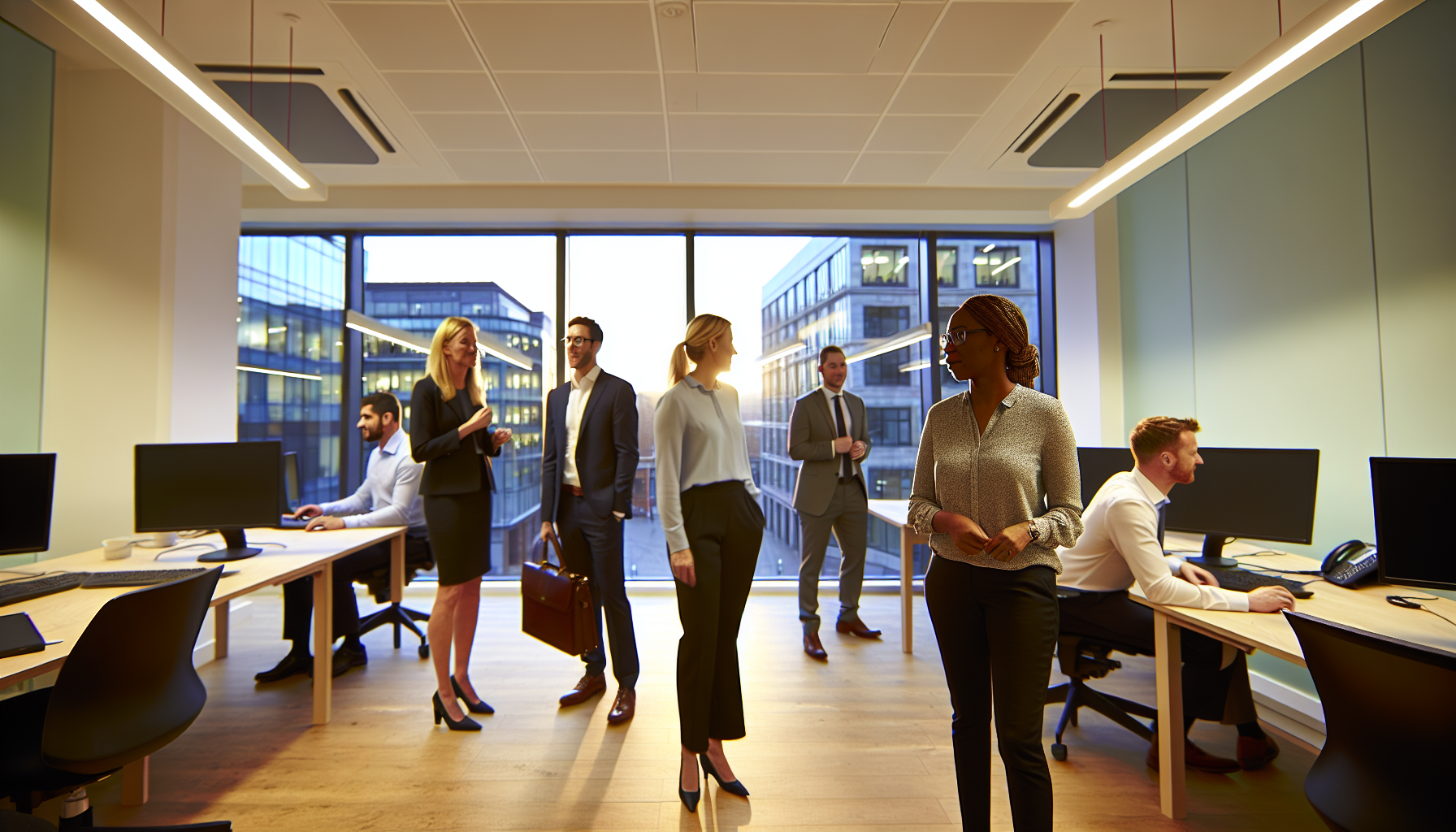 British professionals collaborating in a modern open-plan office