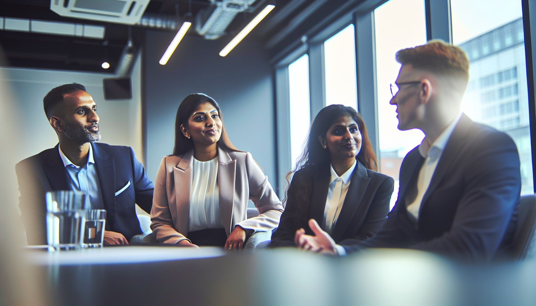 UK workplace team meeting with diverse professionals