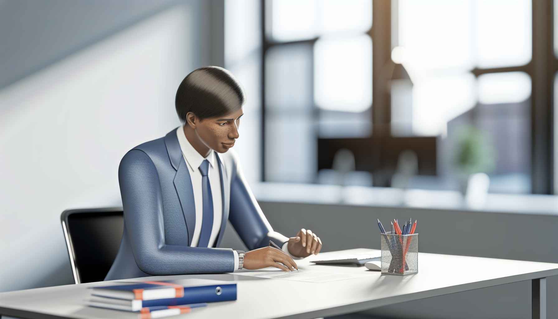 UK professional focused on work at a tidy desk