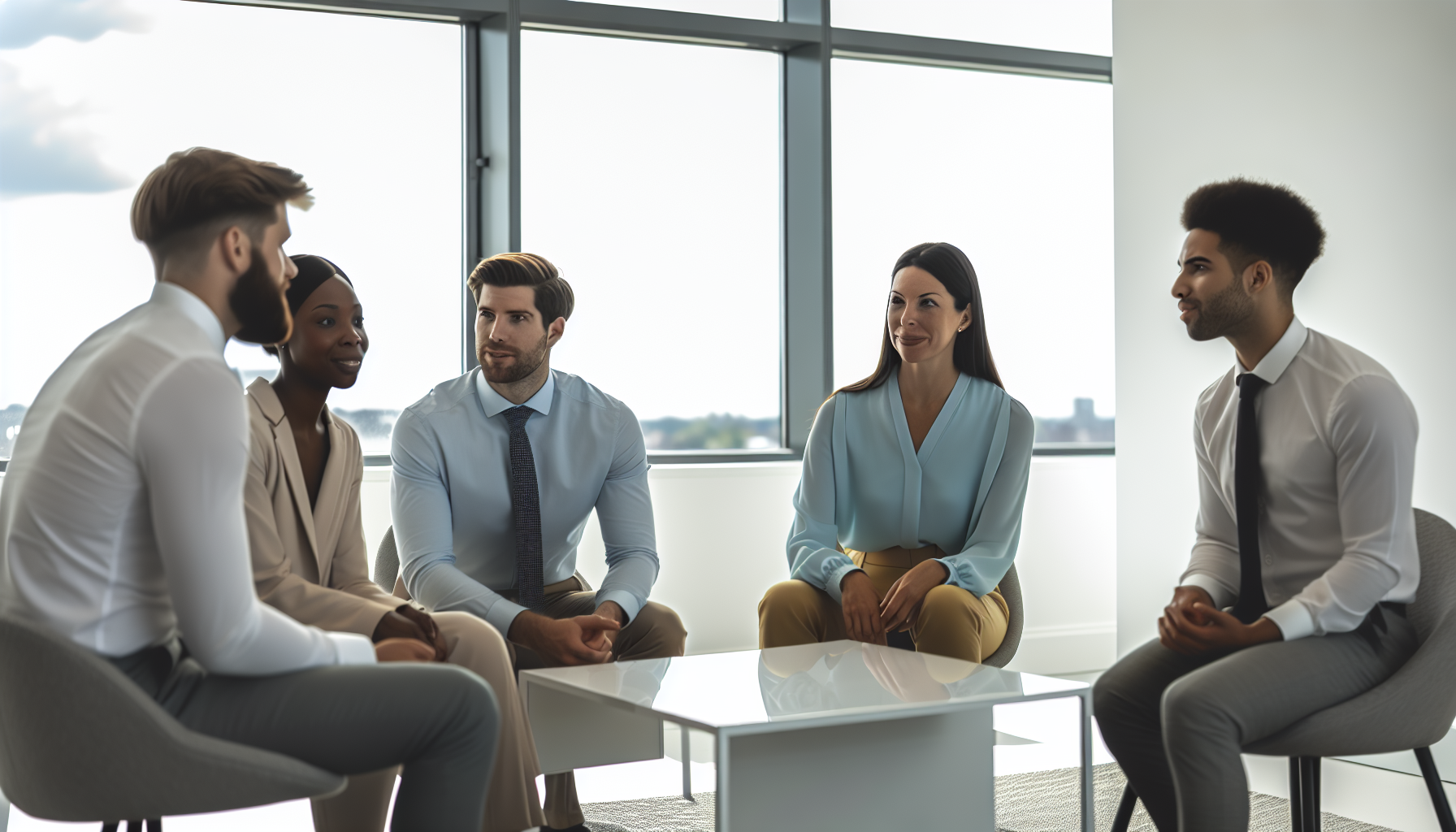 UK professionals discussing in a bright modern office