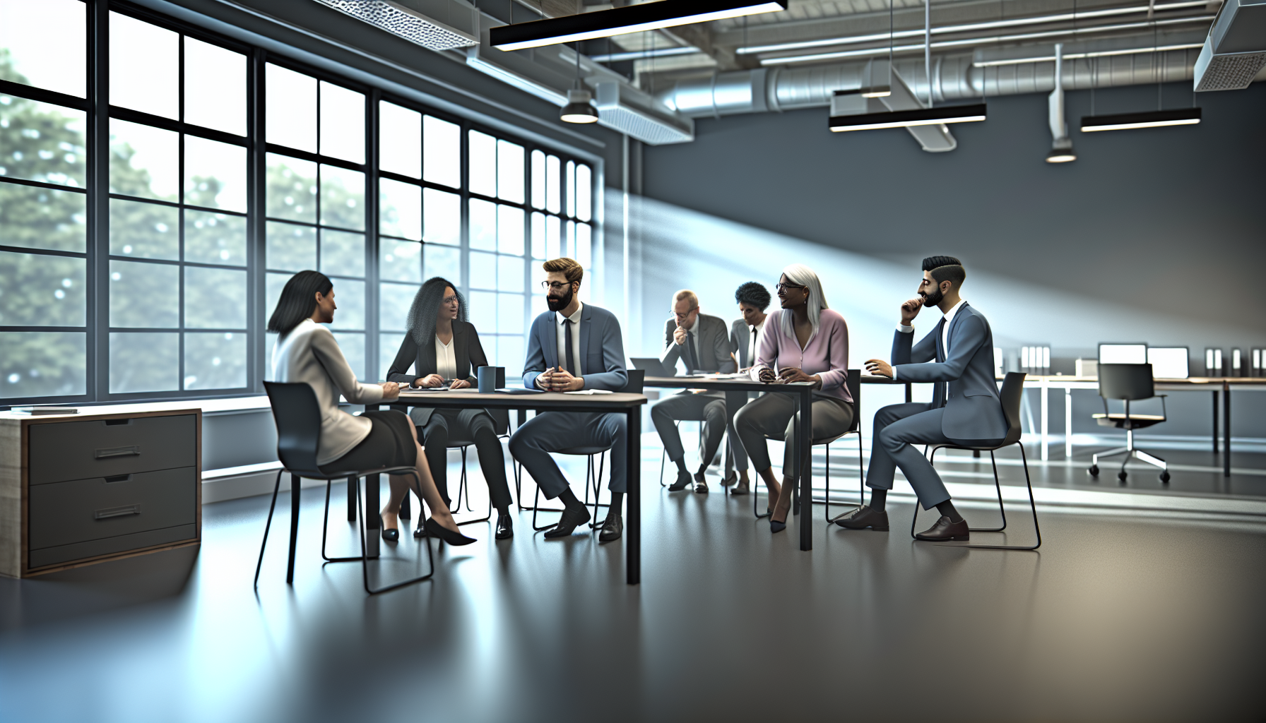 Team meeting with diverse professionals in modern UK office