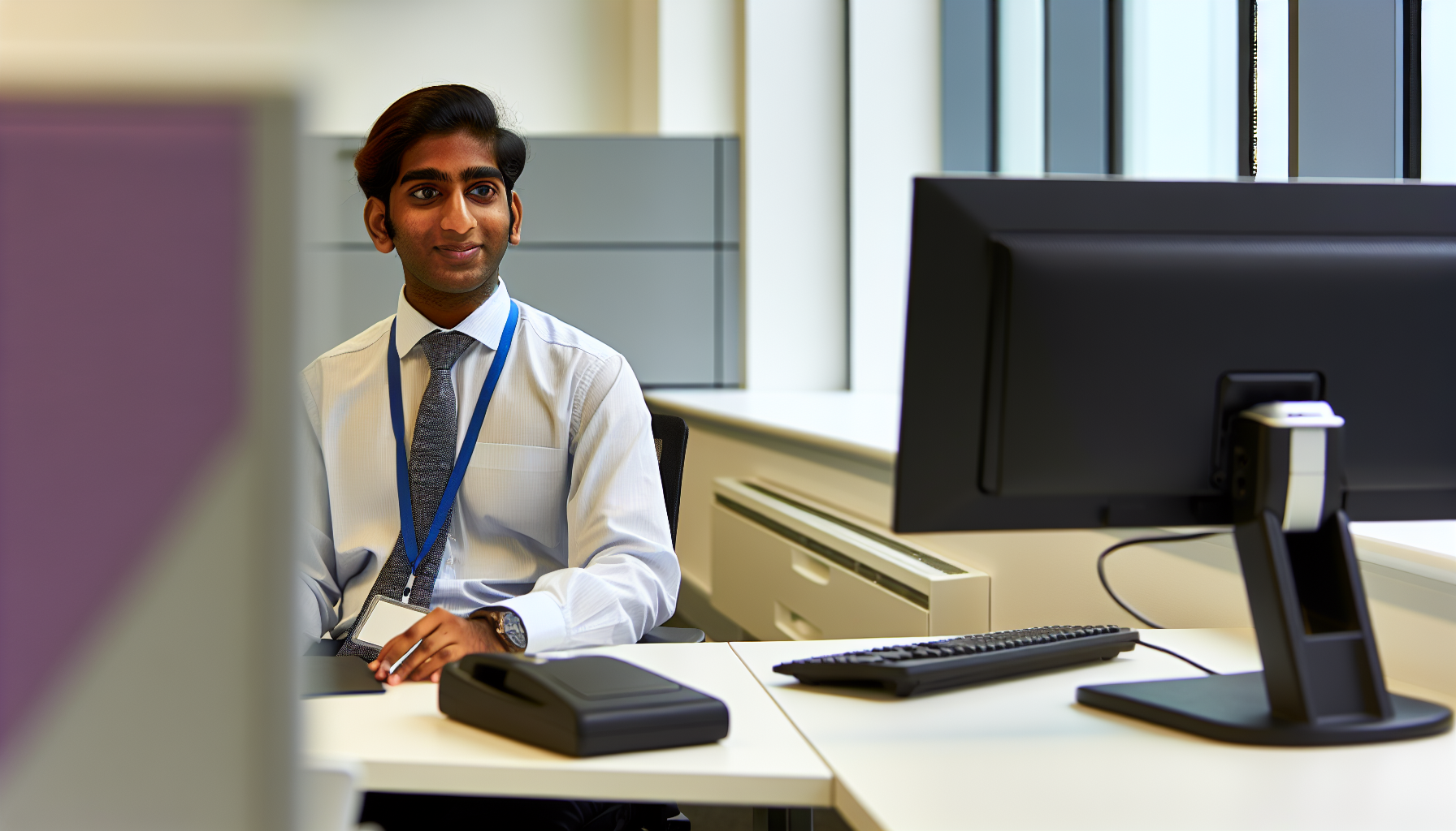 UK professional focused on work at a tidy modern desk
