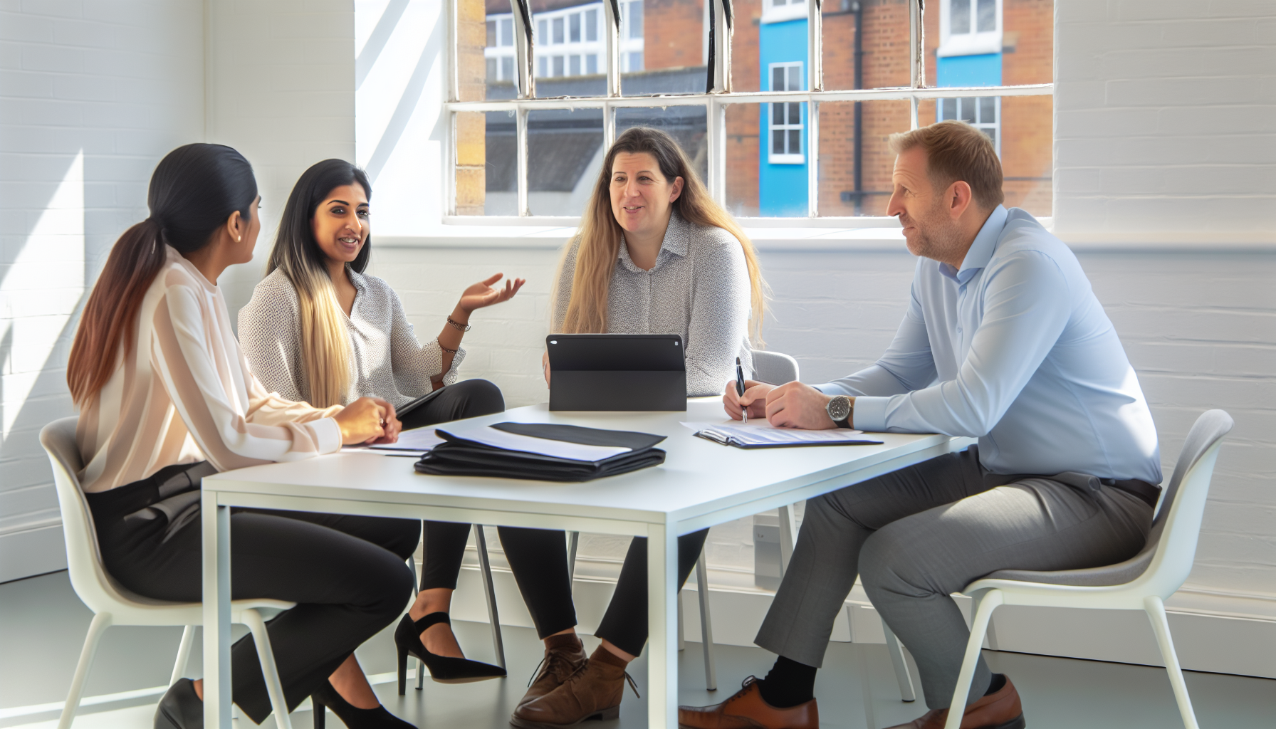 Collaborative discussion among UK professionals in bright office