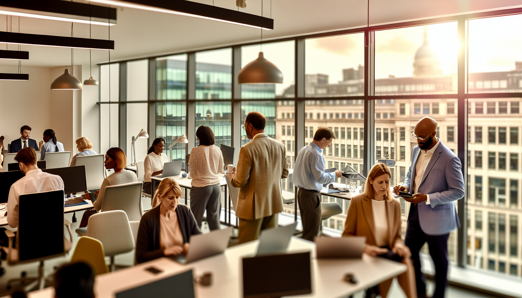 Diverse professionals working in a modern UK office setting.