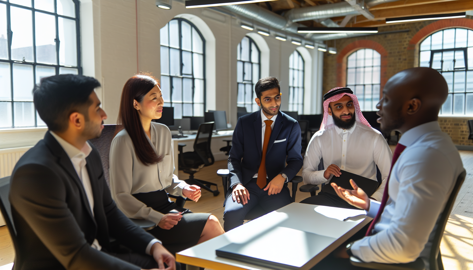 Team meeting with diverse UK professionals in a modern office.
