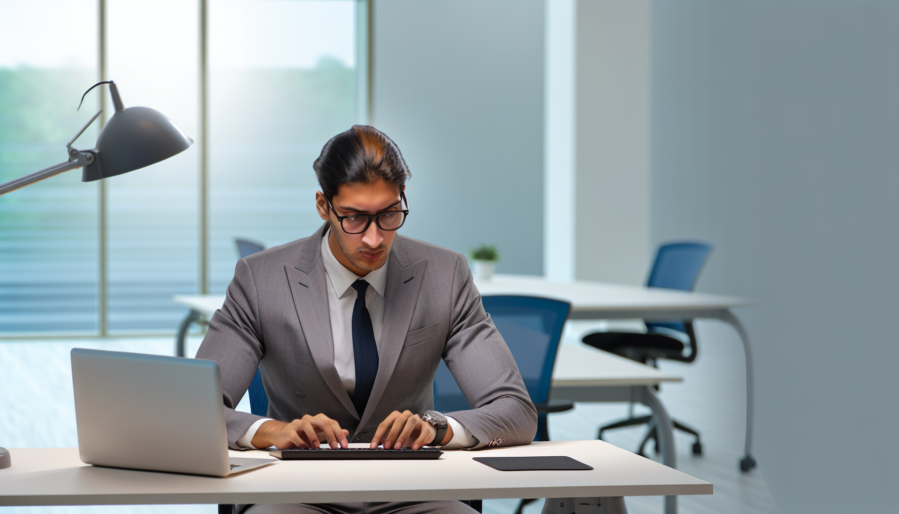 UK professional focusing on work at a tidy desk.