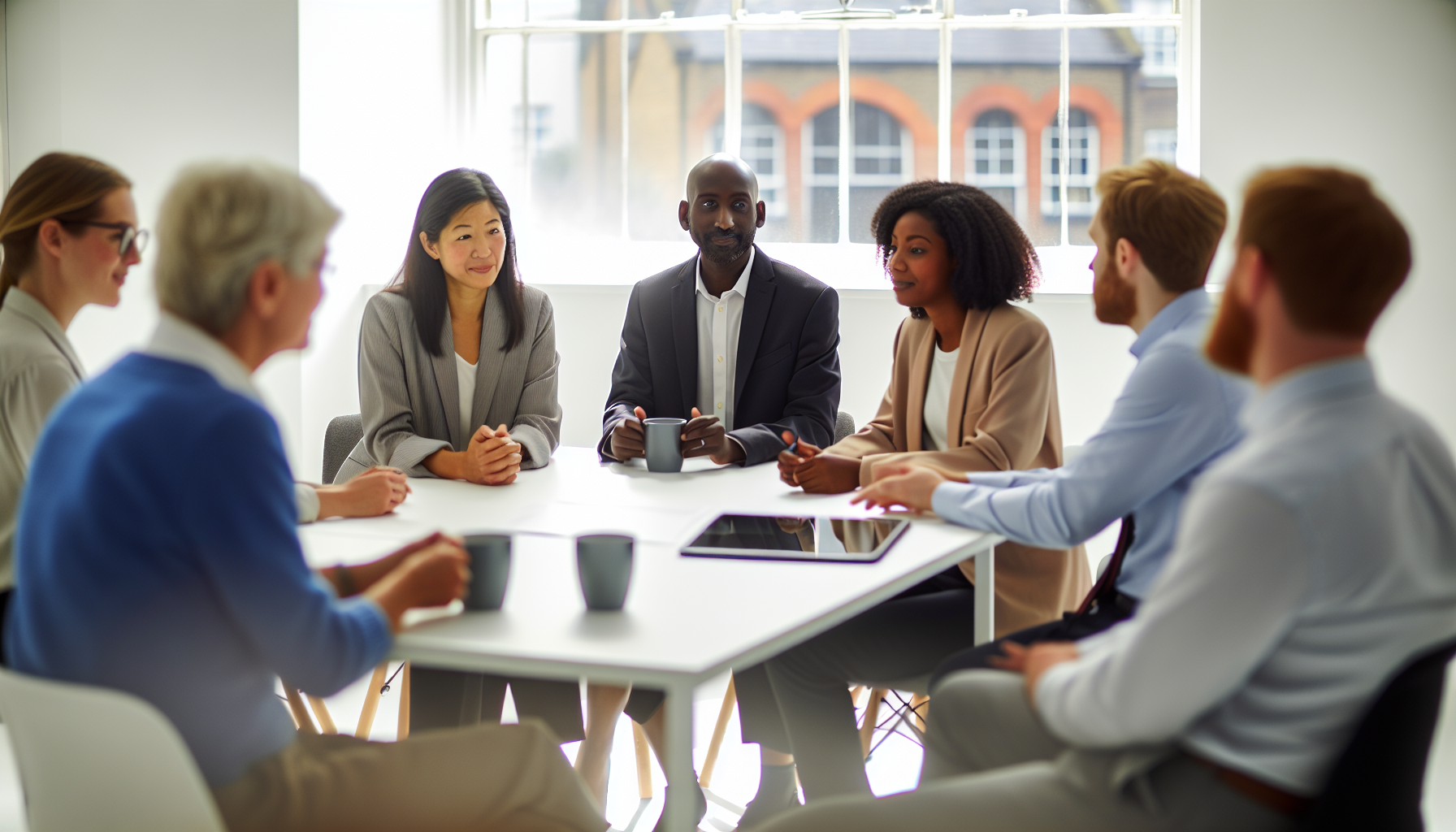 UK professionals in a collaborative discussion in a bright office.
