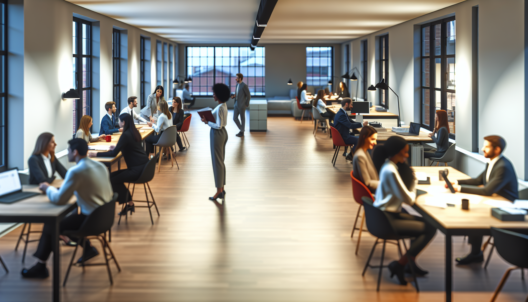 Diverse professionals discussing in an open-plan office