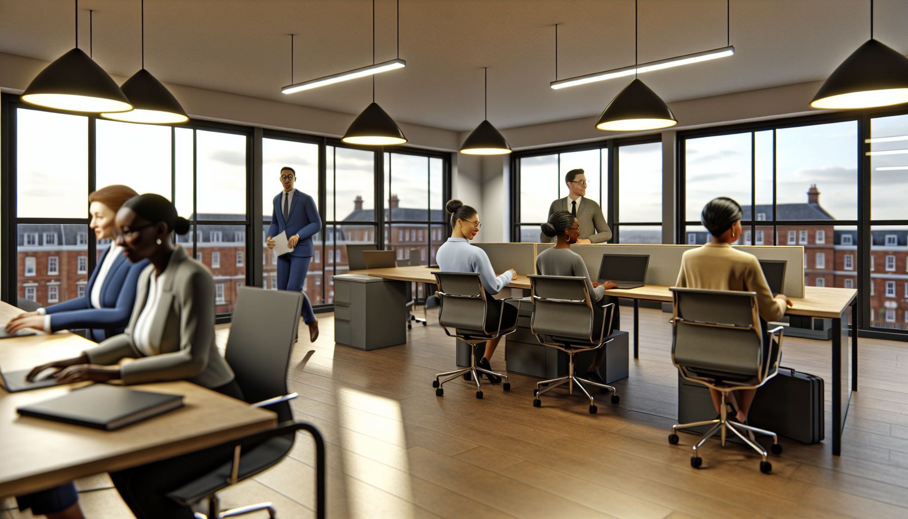 British professionals collaborating in an open-plan office