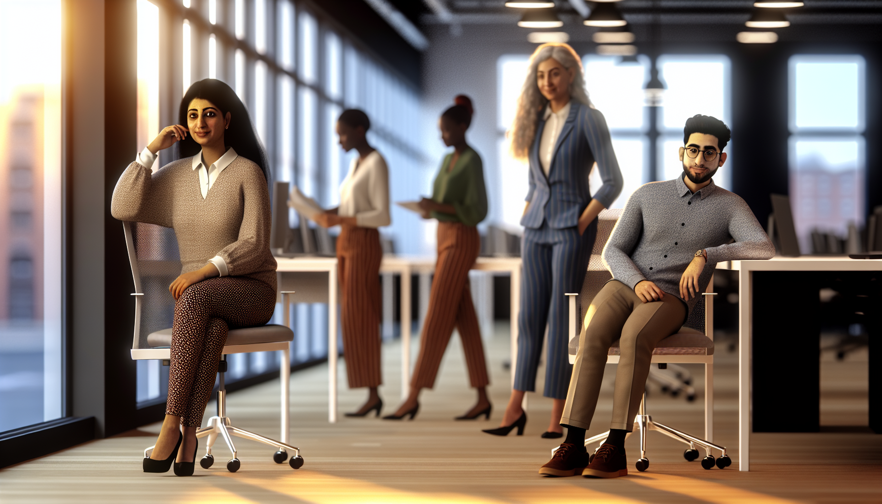 British professionals discussing pay scales in an open-plan office