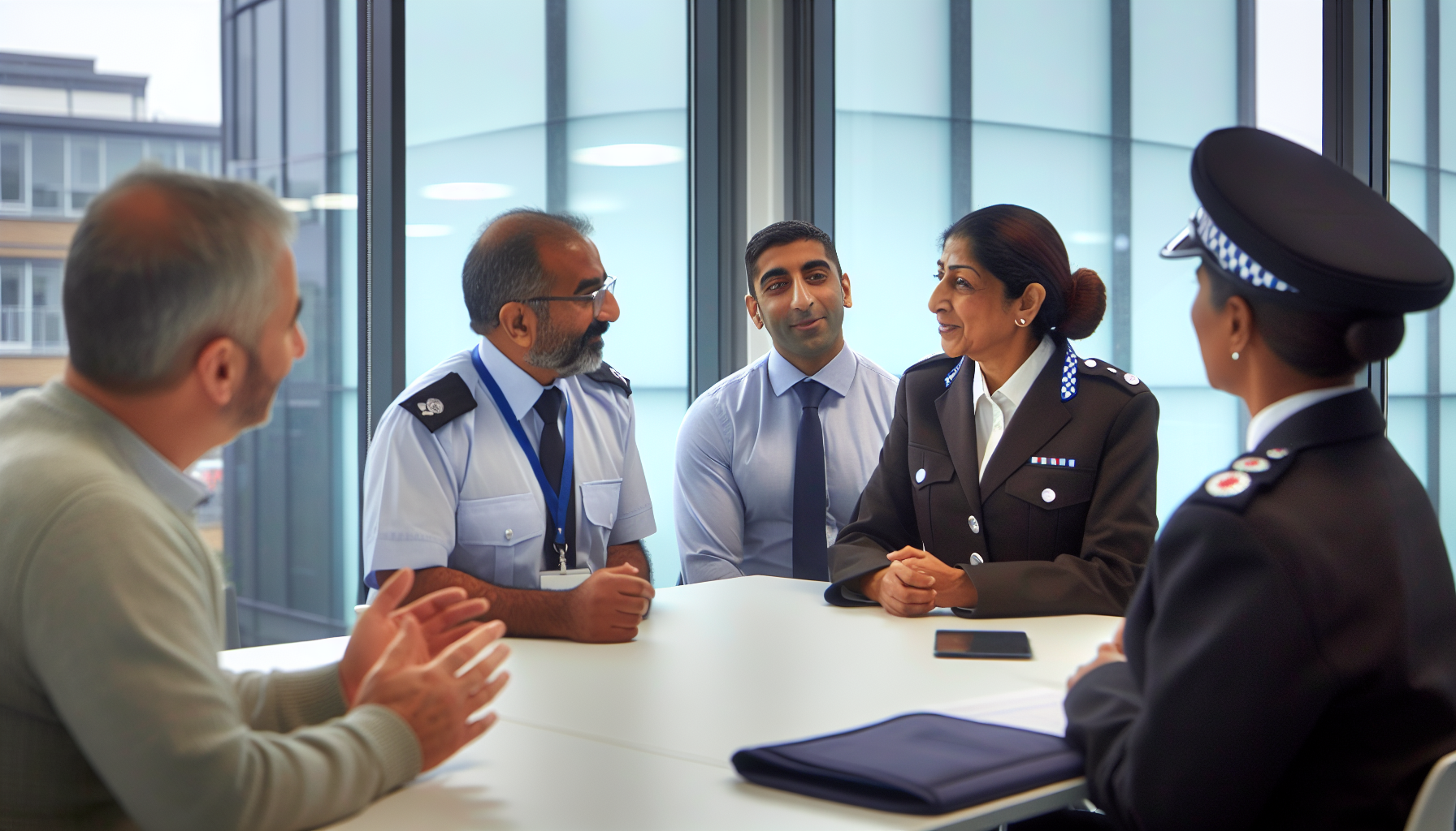 Team meeting in a UK office discussing public sector salaries