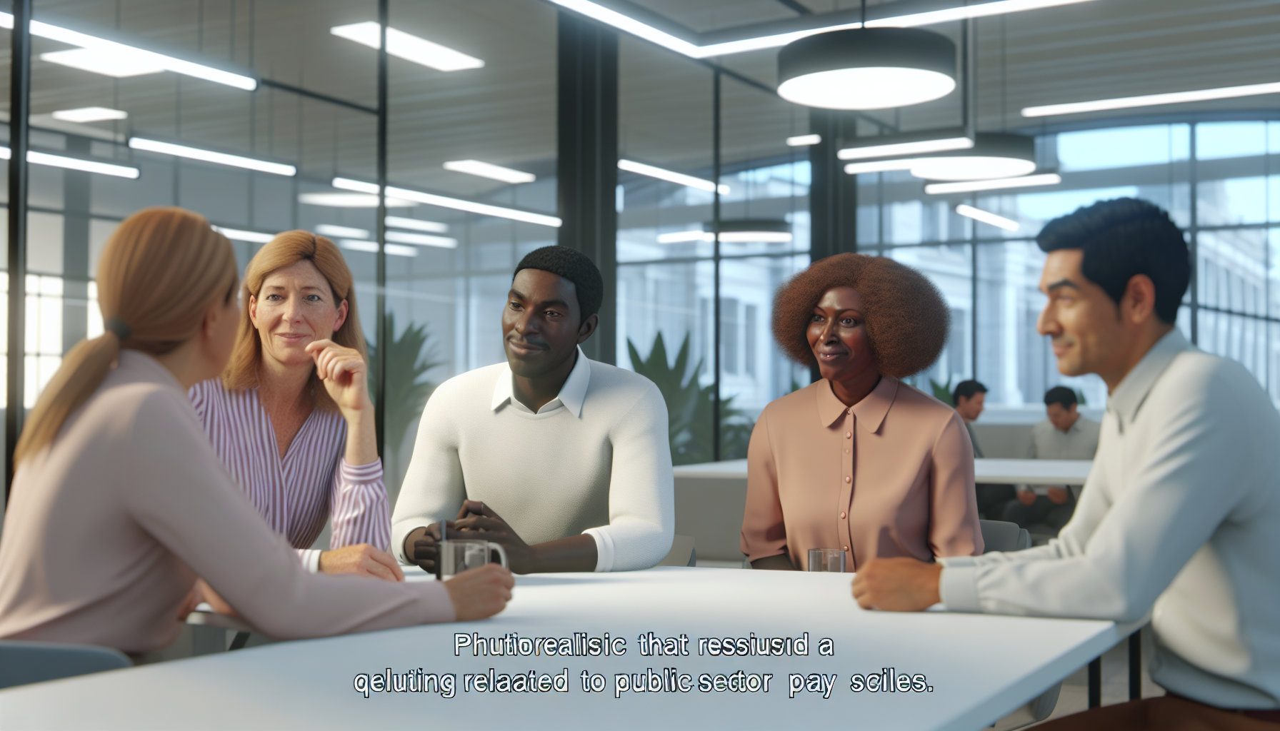 Professionals in discussion about public sector pay in an office
